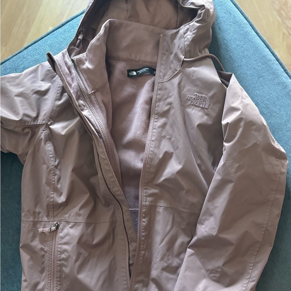 The North Face Ski Hooded Jacket with removable fleece lining; light plum color